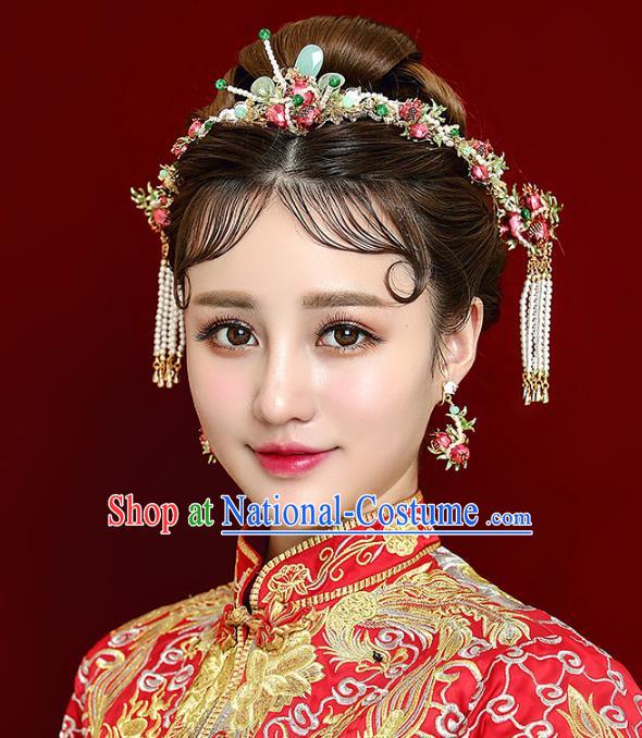 Chinese Handmade Classical Hair Accessories Pomegranate Hair Clasp Complete Set, China Xiuhe Suit Hairpins Wedding Headwear for Women