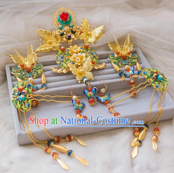 Chinese Handmade Classical Hair Accessories Cloisonne Butterfly Hair Clasp Complete Set, China Xiuhe Suit Hairpins Wedding Headwear for Women