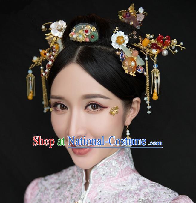 Chinese Handmade Classical Hair Accessories Jade Step Shake Complete Set, China Xiuhe Suit Tassel Hairpins Hair Comb Wedding Headwear for Women