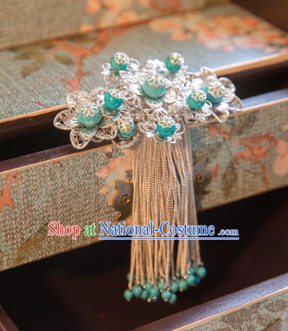 Chinese Handmade Classical Hair Accessories Green Tassel Back Hair Comb, China Xiuhe Suit Hairpins Wedding Headwear for Women