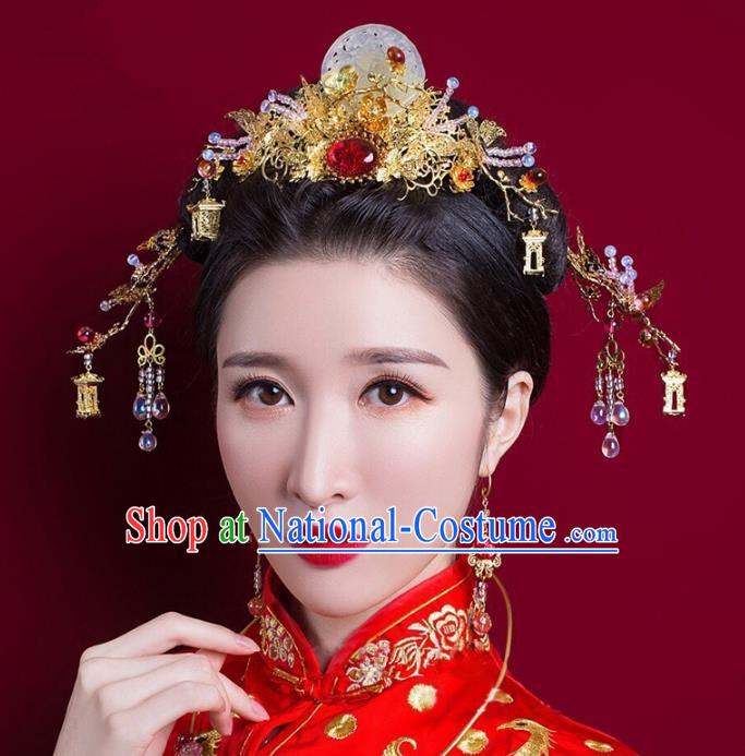 Chinese Handmade Classical Hair Accessories Complete Set Jade Phoenix Coronet, China Xiuhe Suit Hairpins Wedding Headwear for Women