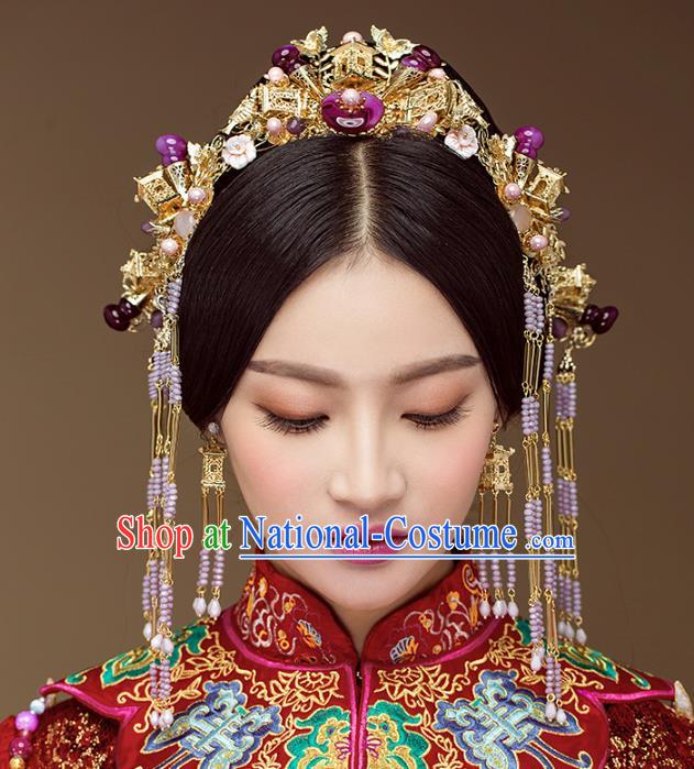 Chinese Handmade Classical Hair Accessories Complete Set Purple Jade Phoenix Coronet, China Xiuhe Suit Hairpins Wedding Headwear for Women