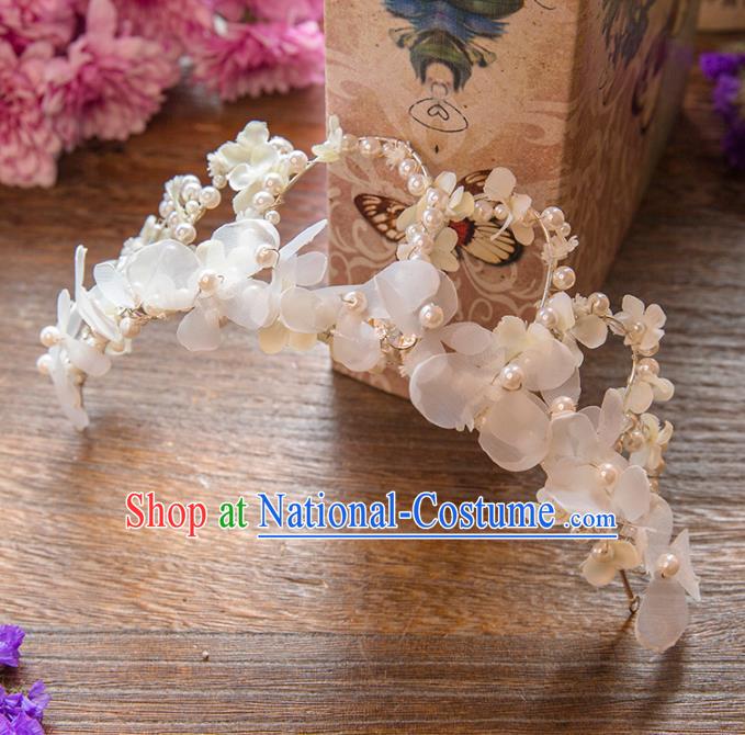 Top Grade Handmade Classical Hair Accessories White Flowers Royal Crown, Baroque Style Princess Pearls Headwear for Women