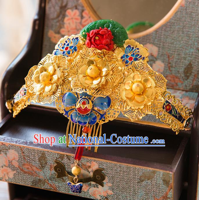 Chinese Handmade Classical Hair Accessories Golden Phoenix Coronet, China Xiuhe Suit Hairpins Hair Comb Wedding Headwear for Women