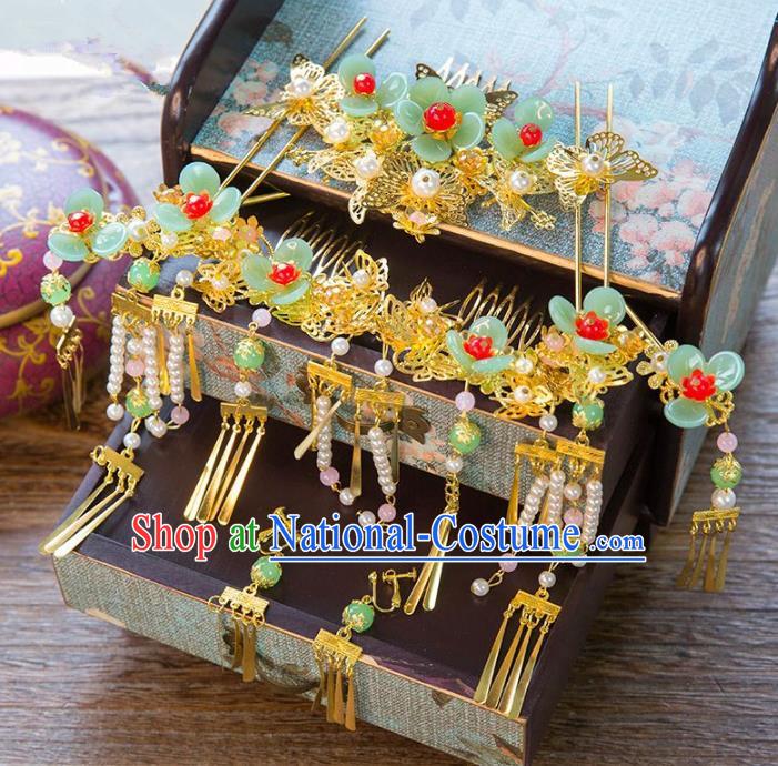 Aisan Chinese Handmade Classical Hair Accessories Green Flowers Phoenix Coronet Complete Set, China Xiuhe Suit Hairpins Wedding Headwear for Women