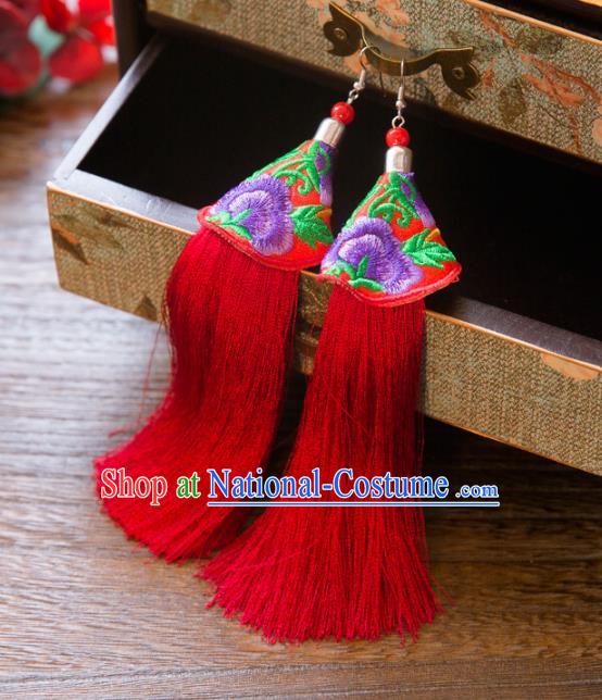 Top Grade Handmade Classical Hair Accessories Chinese Hanfu Red Tassel Earrings, China Ancient Princess Purple Embroidery Eardrop for Women