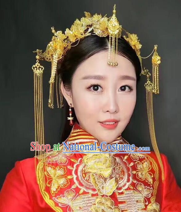 Aisan Chinese Handmade Classical Hair Accessories Bride Golden Phoenix Coronet Complete Set, China Xiuhe Suit Hairpins Wedding Headwear for Women