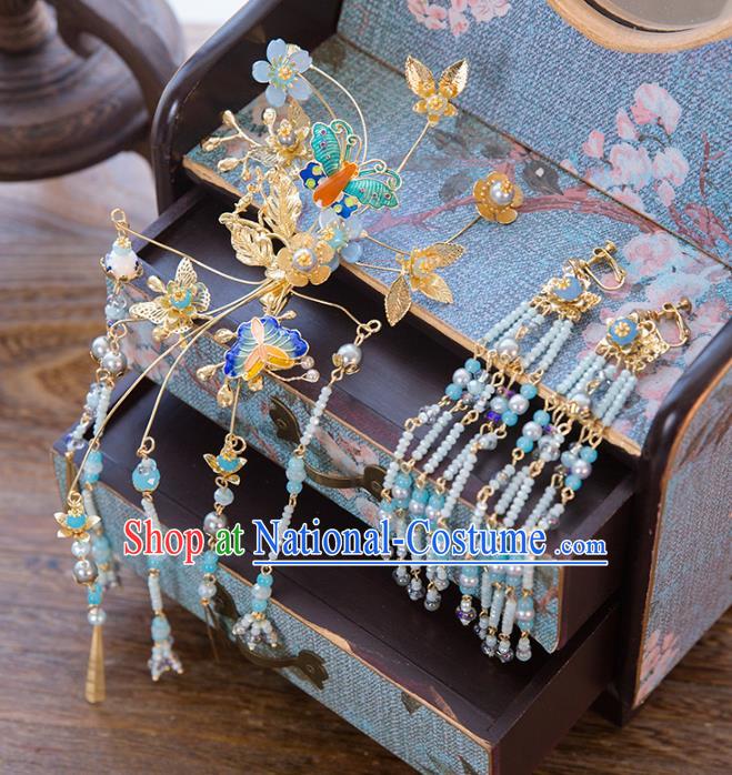 Aisan Chinese Handmade Classical Hair Accessories Hanfu Cloisonne Butterfly Hair Stick, China Xiuhe Suit Hairpins Wedding Headwear for Women