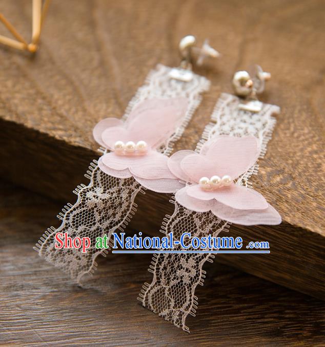 Top Grade Handmade Classical Hair Accessories Baroque Tassel Earrings, Princess Pink Lace Butterfly Eardrop for Women