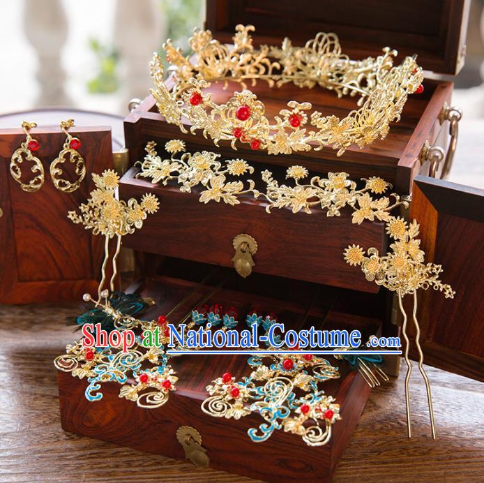 Aisan Chinese Handmade Classical Hair Accessories Hanfu Cloisonne Step Shake Complete Set, China Xiuhe Suit Hairpins Royal Crown Wedding Headwear for Women