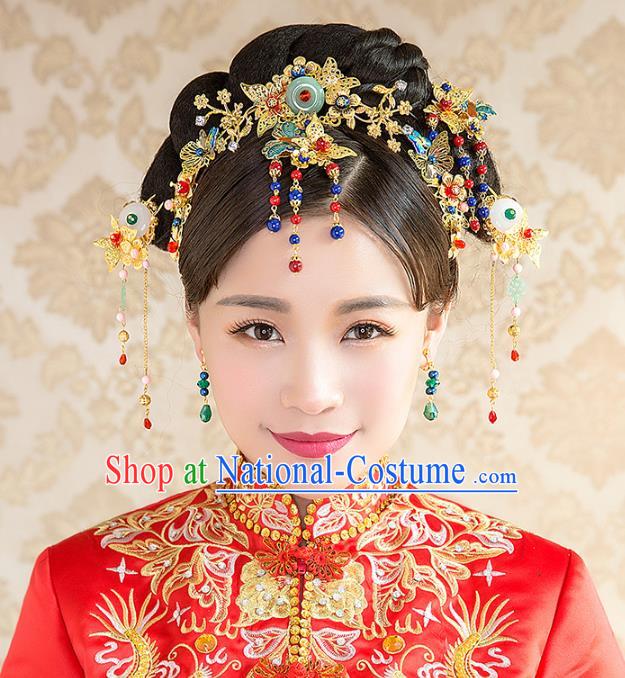 Aisan Chinese Handmade Classical Hair Accessories Bride Phoenix Coronet Complete Set, China Xiuhe Suit Hairpins Wedding Headwear for Women