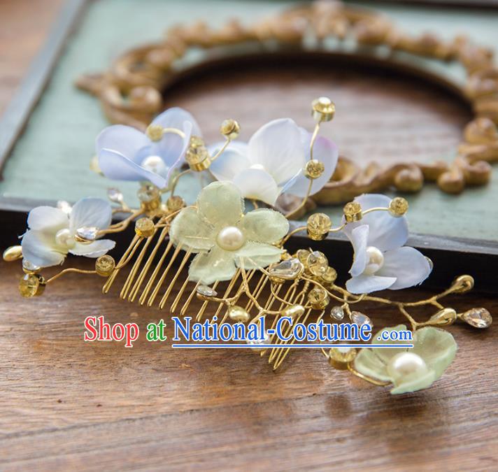 Aisan Chinese Handmade Classical Hair Accessories Hanfu Blue Flowers Hair Comb, China Xiuhe Suit Wedding Headwear for Women