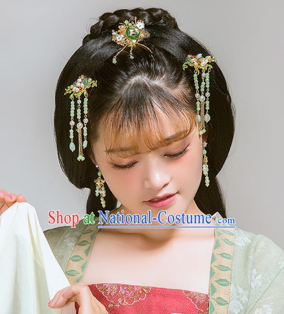 Aisan Chinese Handmade Classical Hair Accessories Hanfu Green Beads Tassel Step Shake, China Xiuhe Suit Hairpins Wedding Headwear Complete Set for Women