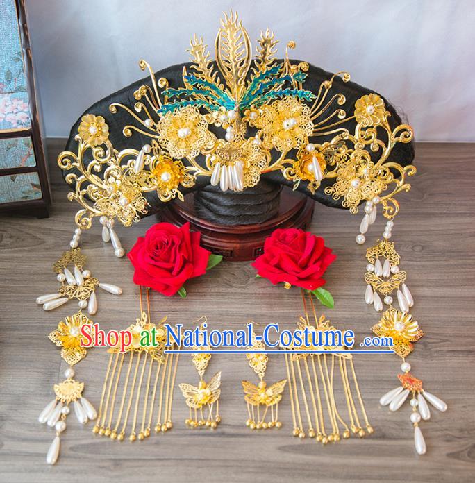 Aisan Chinese Handmade Classical Hair Accessories Hanfu Qing Dynasty Phoenix Coronet, China Manchu Princess Hairpins Headwear Complete Set for Women