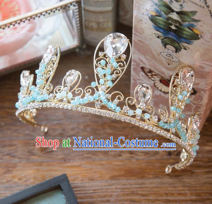 Top Grade Handmade Classical Hair Accessories Baroque Style Princess Blue Beads Royal Crown Headwear