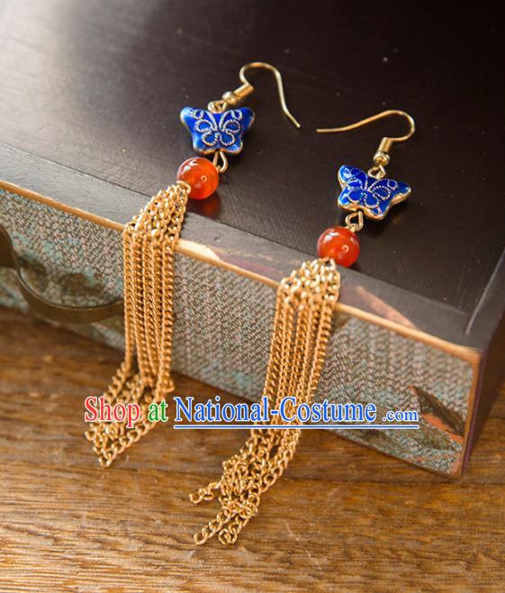 Chinese Handmade Classical Ancient Costume Hanfu Earrings, China Bride Xiuhe Suit Cloisonne Butterfly Eardrop for Women