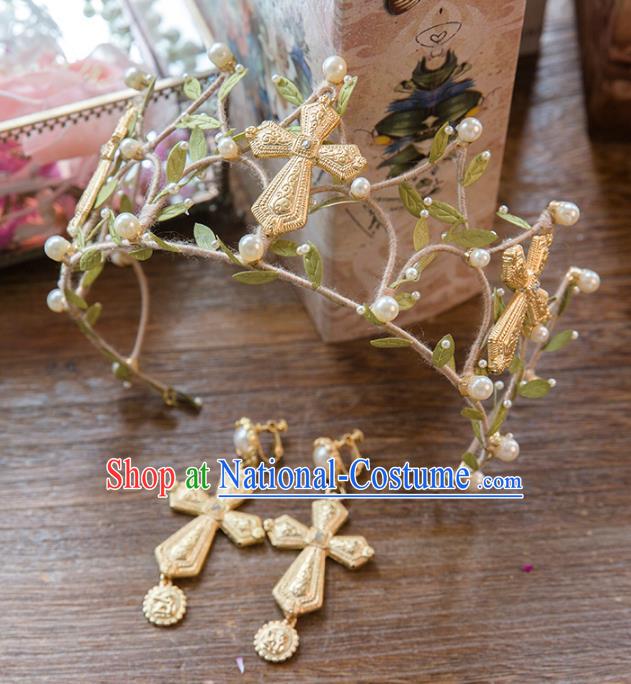 Top Grade Handmade Classical Hair Accessories Baroque Style Princess Golden Cross Royal Crown and Earrings Complete Set