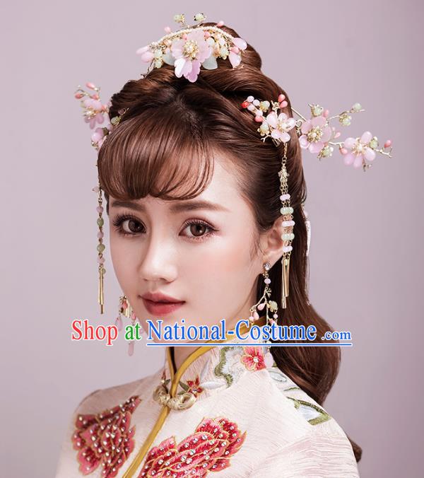 Aisan Chinese Handmade Classical Hair Accessories Hanfu Shell Pink Flowers Hair Clasp Complete Set, China Xiuhe Suit Hairpins Wedding Headwear for Women