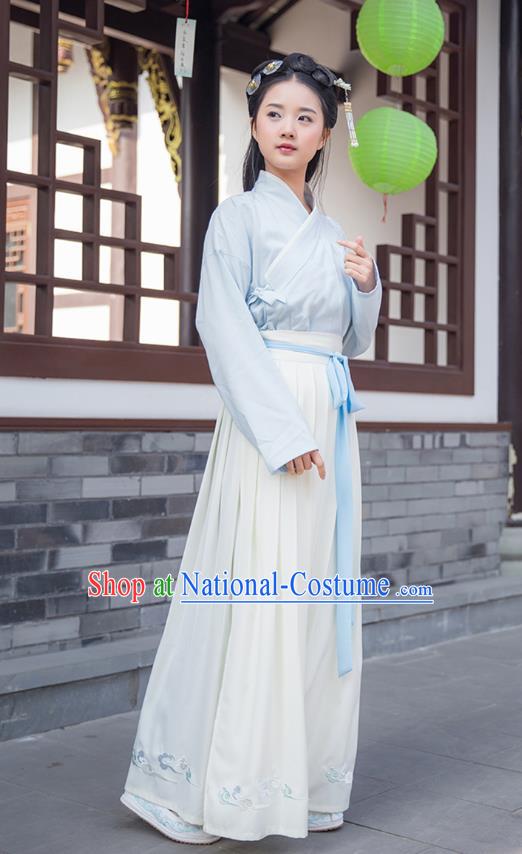 Traditional Asian Chinese Hanfu Costumes Han Dynasty Young Lady Embroidered Blouse and Slip Skirts Complete Set