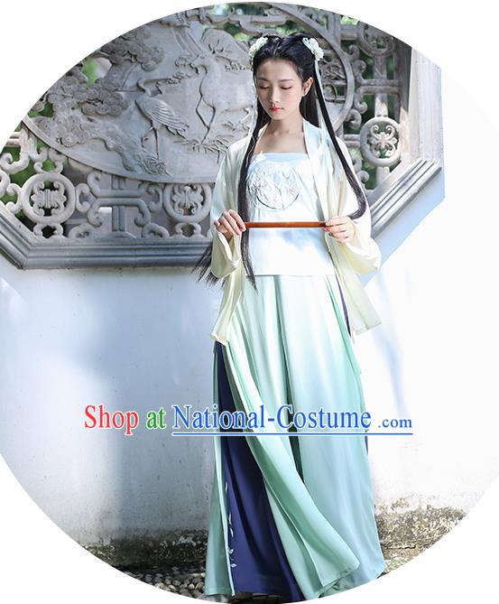 Traditional Asian Chinese Hanfu Swordswoman Costumes Song Dynasty Young Lady Embroidered Yellow Blouse and Green Pants Complete Set