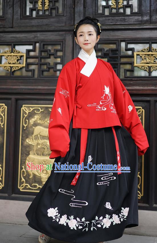 Traditional Asian Chinese Hanfu Costumes Ming Dynasty Palace Lady Embroidered Slant Opening Red Blouse and Skirts Complete Set