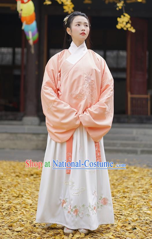 Traditional Asian Chinese Hanfu Costumes Ming Dynasty Palace Lady Embroidered Slant Opening Pink Blouse and Skirts Complete Set