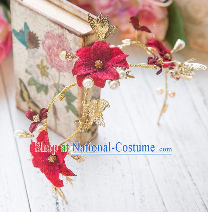 Top Grade Handmade Classical Hair Accessories Red Flowers Hair Clasp, Baroque Style Princess Headband Headwear for Women