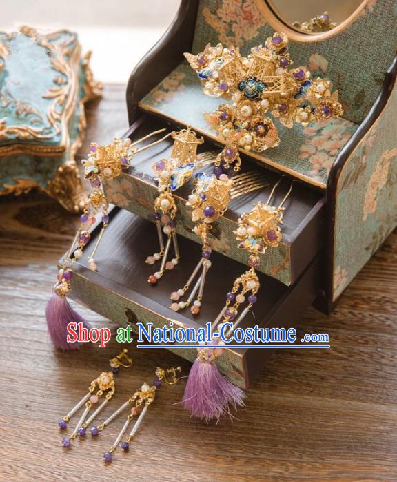 Chinese Handmade Classical Hair Accessories Bride Purple Hair Comb Complete Set, China Xiuhe Suit Hairpins Wedding Headwear for Women