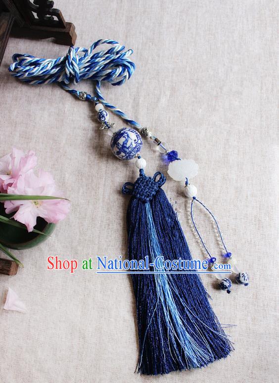 Chinese Handmade Classical Accessories Blue and White Porcelain Tassel Palace Taeniasis, China Hanfu Waist Pendant Headwear for Women for Men