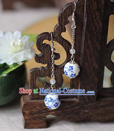 Chinese Handmade Classical Accessories Hanfu Blue and White Porcelain Tassel Earrings, China Xiuhe Suit Wedding Eardrop for Women