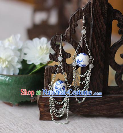 Chinese Handmade Classical Accessories Hanfu Blue and White Porcelain Earrings, China Xiuhe Suit Wedding Tassel Eardrop for Women