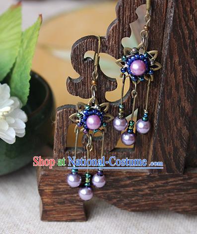 Chinese Handmade Classical Accessories Hanfu Earrings, China Xiuhe Suit Wedding Purple Beads Tassel Eardrop for Women