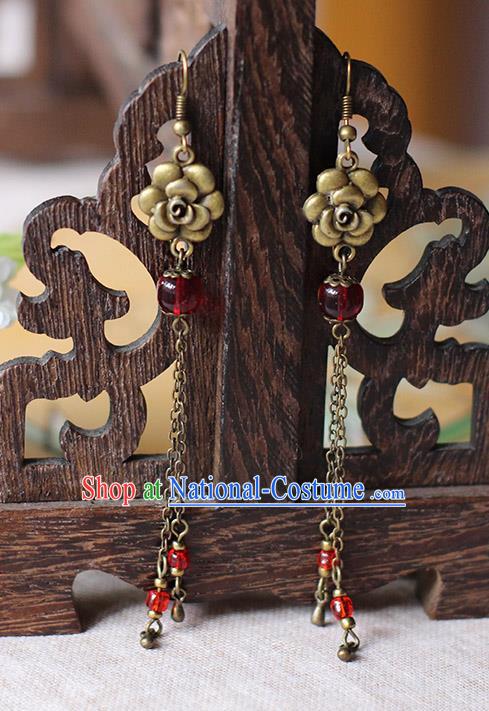 Chinese Handmade Classical Accessories Hanfu Earrings, China Xiuhe Suit Wedding Red Beads Rose Tassel Eardrop for Women