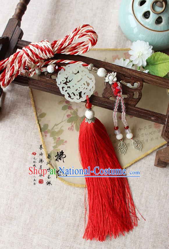 Chinese Handmade Classical Accessories Red Tassel Palace Taeniasis, China Hanfu Jade Waist Pendant Headwear for Women for Men