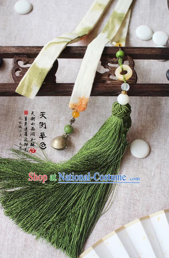 Chinese Handmade Classical Accessories Hanfu Silk Belt, China Ancient Hanfu Green Tassel Bells Waistband for Women for Men