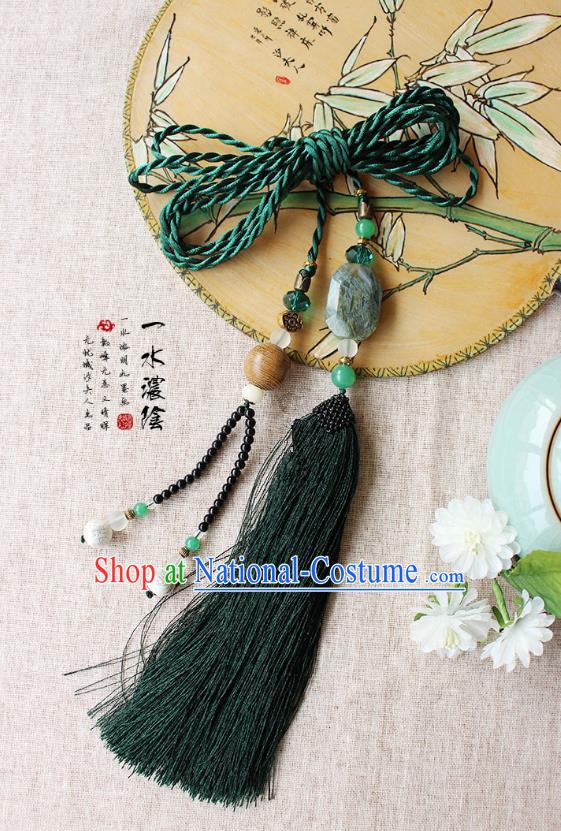 Chinese Handmade Classical Accessories Hanfu Green Agate Tassel Belt, China Ancient Hanfu Bells Tassel Waistband for Women for Men