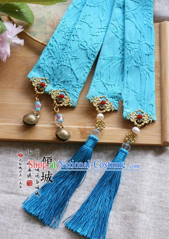 Chinese Handmade Classical Hair Accessories Hanfu Blue Silk Headband, China Ancient Embroidery Bells Hair Clasp Headwear for Women for Men