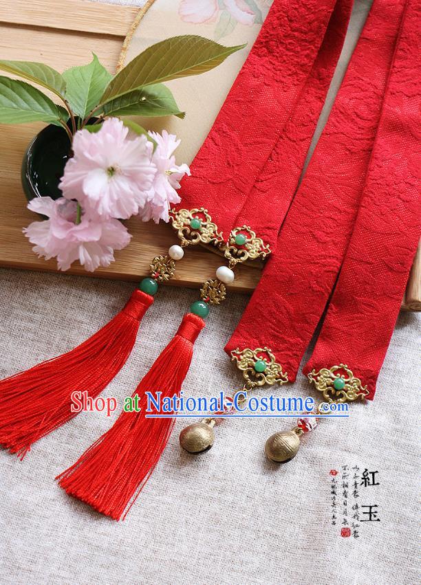 Chinese Handmade Classical Hair Accessories Hanfu Red Silk Headband, China Ancient Embroidery Bells Hair Clasp Headwear for Women for Men