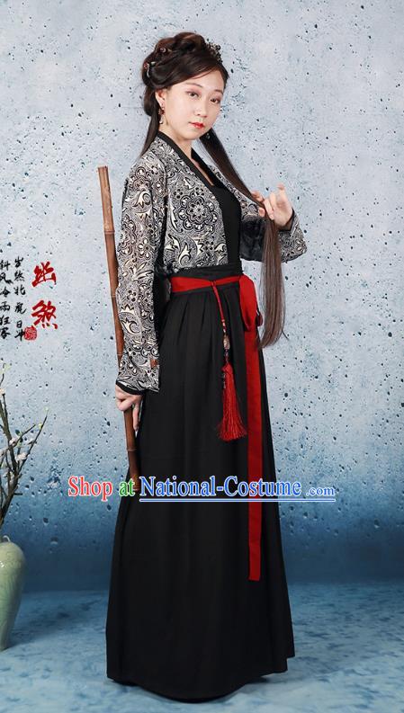 Traditional Ancient Chinese Han Dynasty Swordswoman Costume Blouse and Skirt, Chinese Hanfu Chivalrous Women Clothing