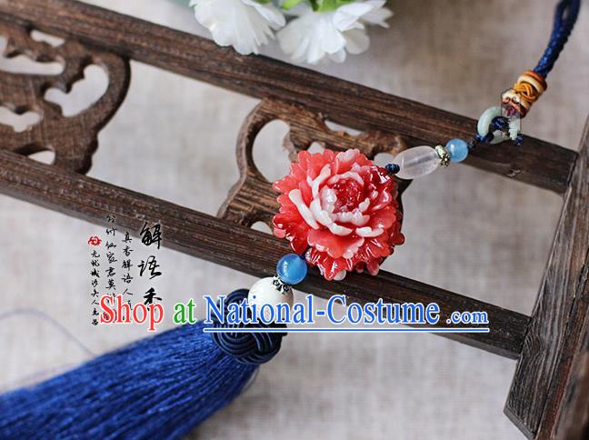 Chinese Handmade Classical Accessories Red Peony Tassel Palace Taeniasis, China Hanfu Waist Pendant Headwear for Women for Men