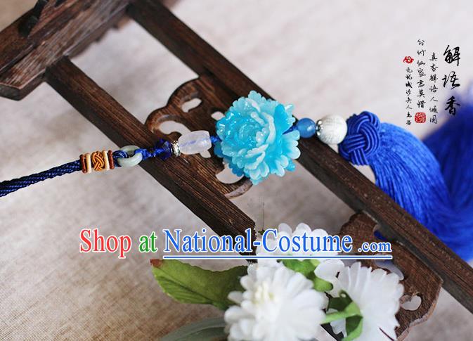 Chinese Handmade Classical Accessories Blue Peony Tassel Palace Taeniasis, China Hanfu Waist Pendant Headwear for Women for Men