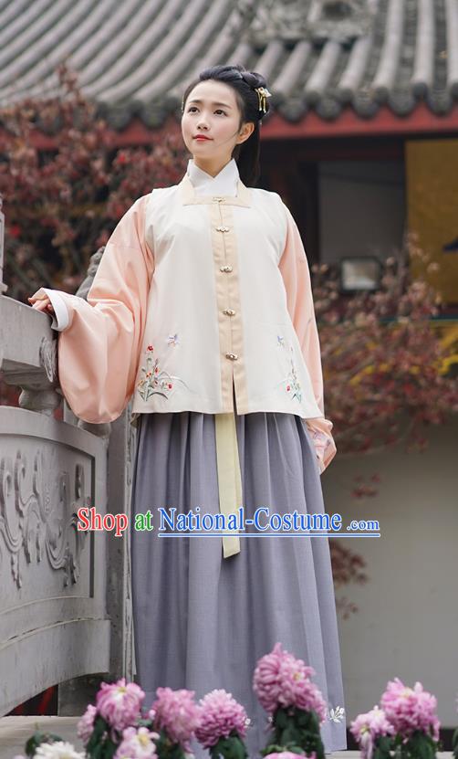 Traditional Asian Chinese Hanfu Princess Costumes, China Ming Dynasty Young Lady Embroidered Vest Blouse and Skirts Complete Set