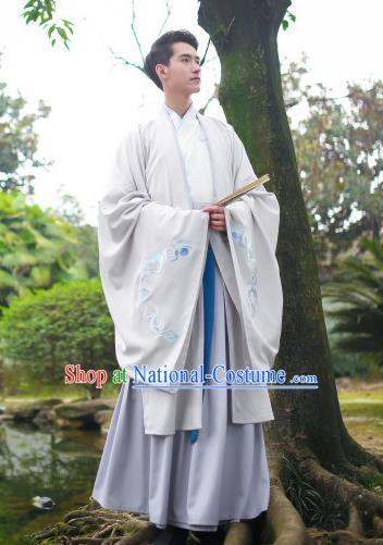 Traditional Asian Chinese Hanfu Scholar Costumes White Embroidered Cloak, China Ji Dynasty Officer Wide Sleeve Embroidered Elegant Robe for Men