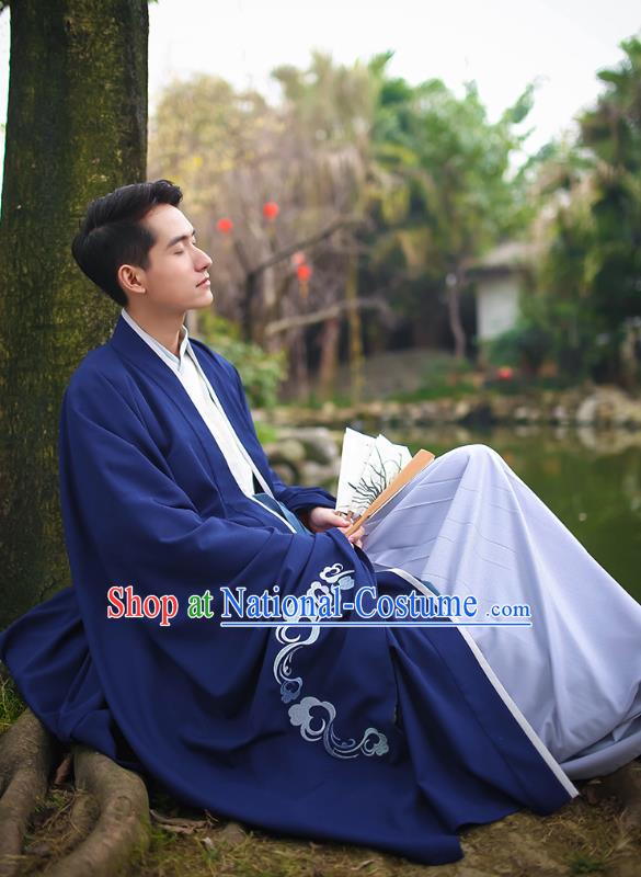 Traditional Asian Chinese Hanfu Scholar Costumes Navy Embroidered Cloak, China Ji Dynasty Officer Wide Sleeve Embroidered Elegant Robe for Men