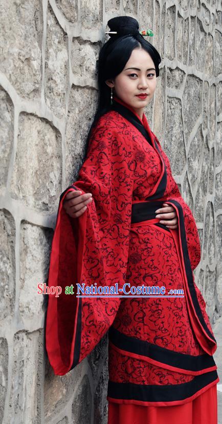 Traditional Oriental China Costume Palace Lady Red Curve Bottom, Chinese Hanfu Han Dynasty Princess Wedding Embroidered Clothing for Women