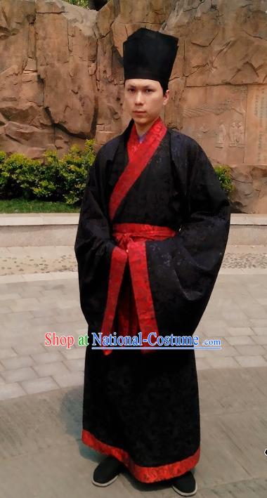 Traditional Asian Chinese Hanfu Scholar Costumes Black Embroidered Robe, China Han Dynasty Officer Embroidered Elegant Clothing for Men