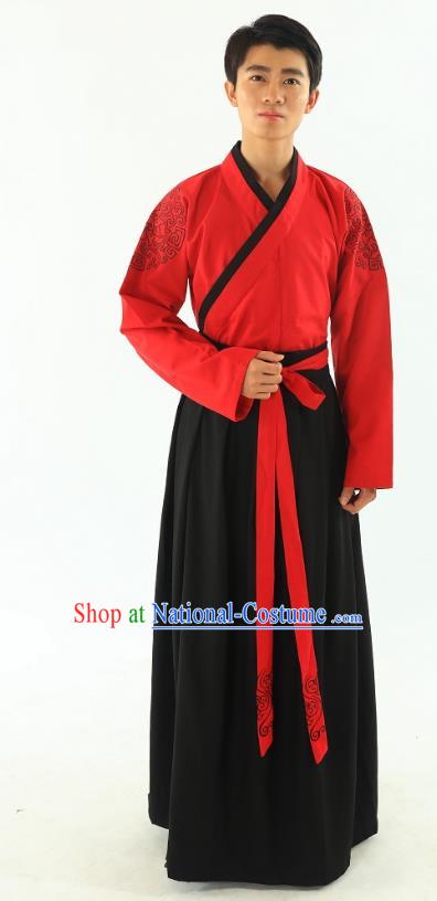 Traditional Oriental China Han Dynasty Wedding Costume Red Robe, Chinese Ancient Bridegroom Embroidered Clothing for Men