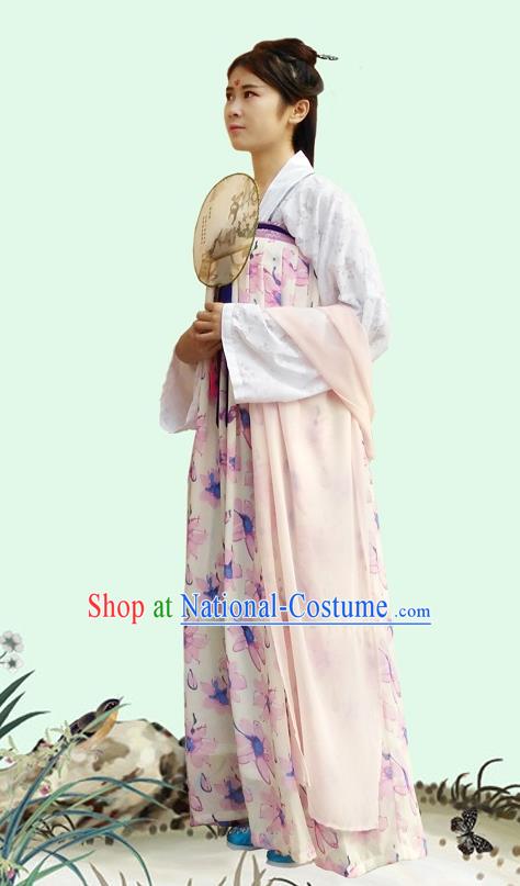 Traditional Oriental China Tang Dynasty Costume Ancient Young Lady Blouse and Printing Slip Skirt Complete Set for Women