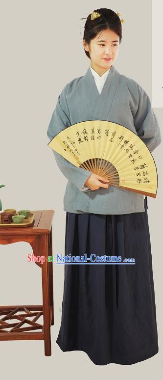 Traditional Chinese Ming Dynasty Young Lady Costumes Green Linen Slant Opening Blouse for Women