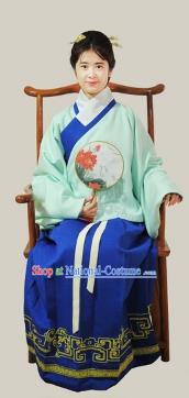 Traditional Chinese Ming Dynasty Young Lady Costumes Ancient Princess Embroidered Green Blouse and Blue Skirt Complete Set for Women